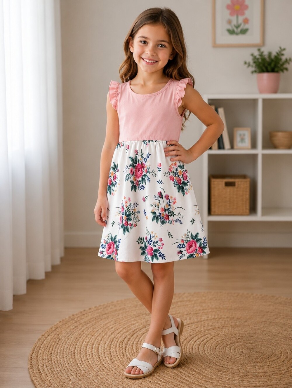 8-9 Yrs Floral Pink and White Kids Dress